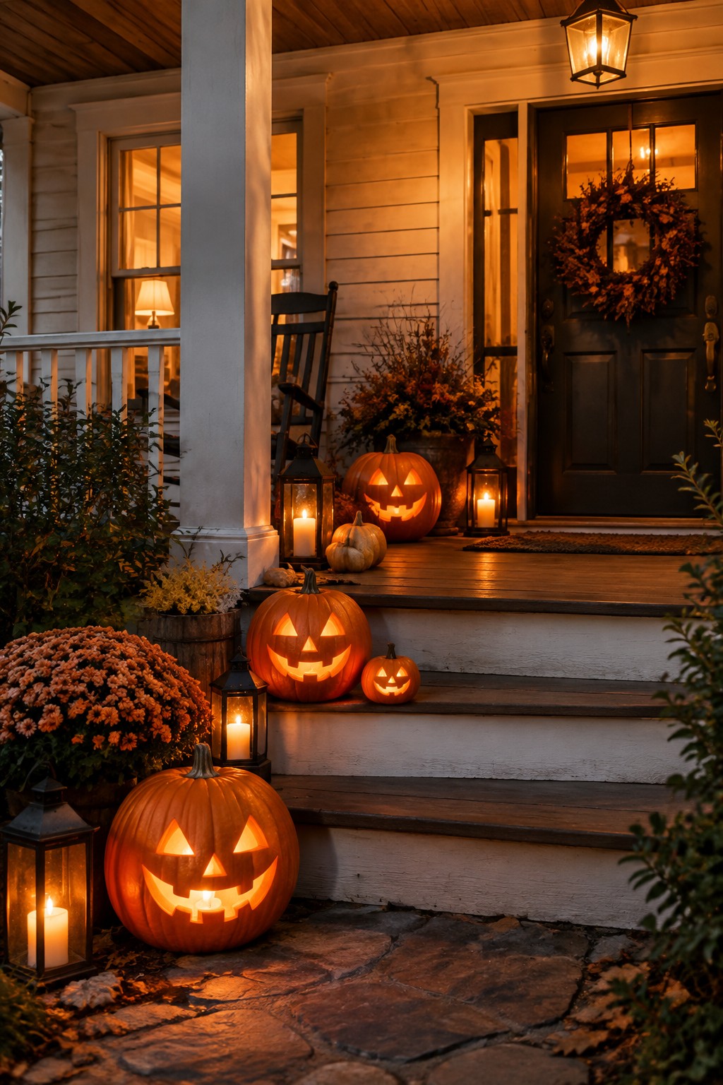 Front porch steps lined with multiple carved and lit jack-o’-lanterns of different sizes, with lanterns placed nearby.