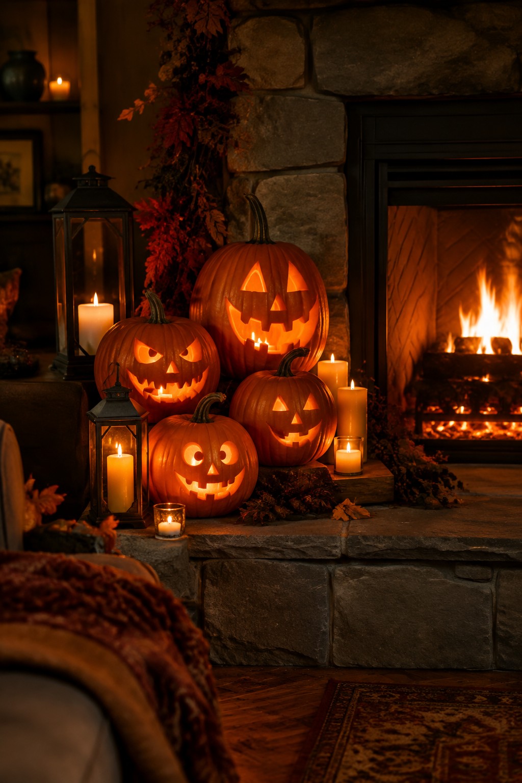 Stone fireplace hearth arranged with five carved and lit jack o lanterns of varying sizes next to candles and lanterns.