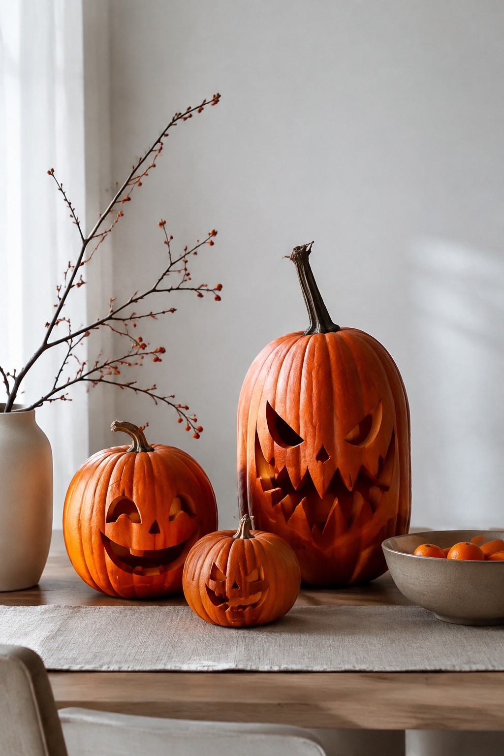 Three carved jack o lanterns of different sizes sit on a wooden dining table with a neutral runner, a vase of bare branches, and a bowl of small oranges.