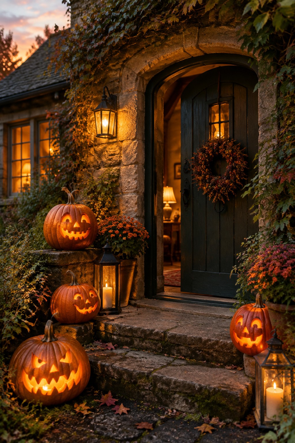 Stone house entry with several lit jack-o'-lanterns arranged on the steps and ledges beside an open dark green door.