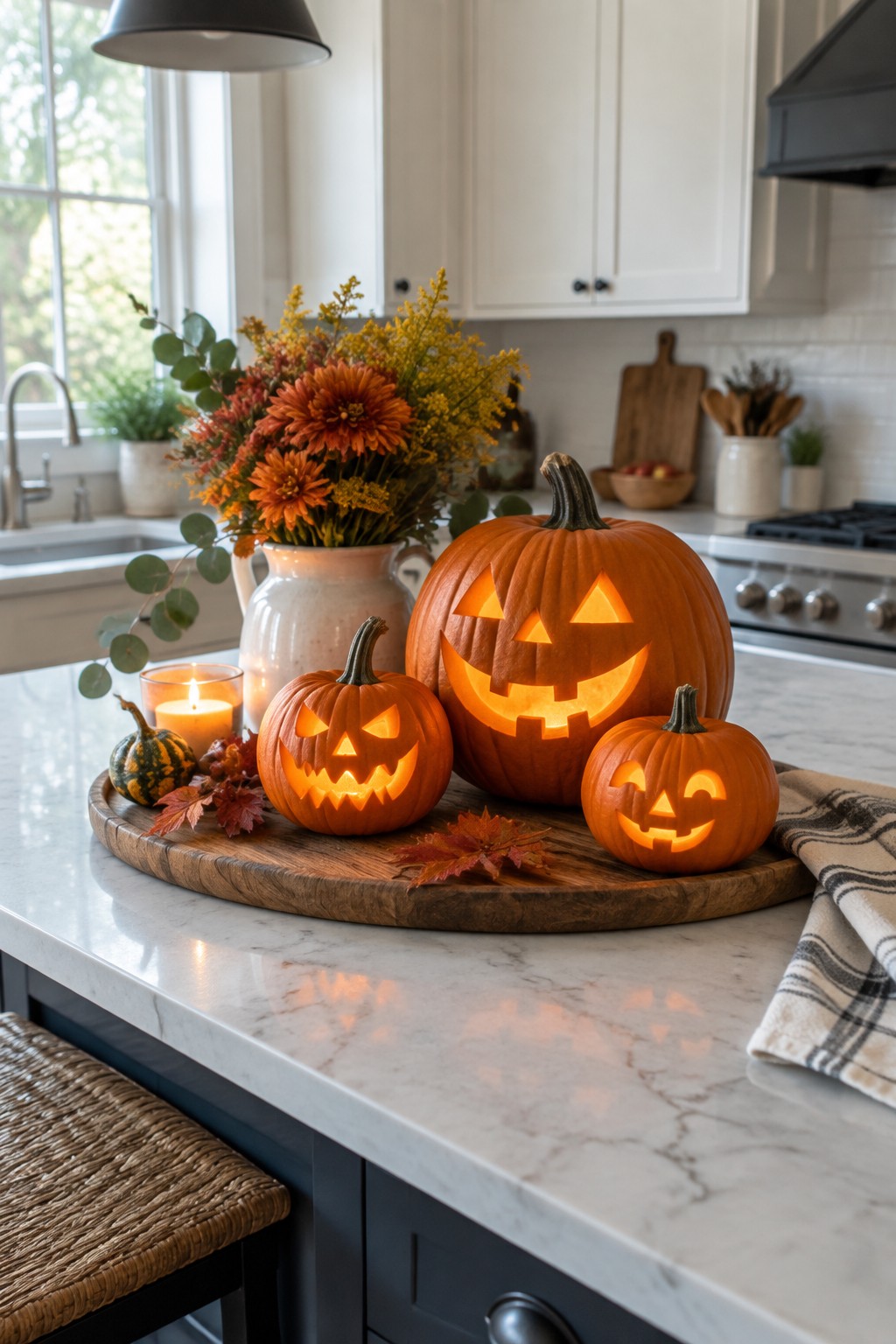 Three glowing jack-o'-lanterns on wooden tray with autumn flowers and candles in kitchen