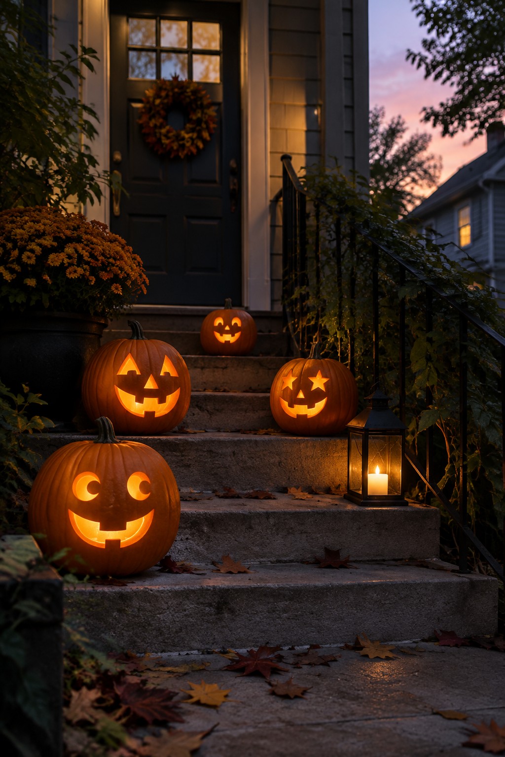 Concrete front steps lined with five carved jack-o’-lanterns of varying sizes and face designs, next to a lit lantern and scattered autumn leaves.