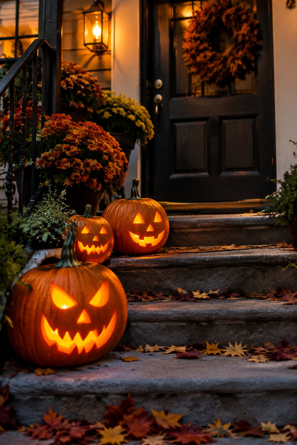 Three carved jack-o'-lanterns with glowing faces arranged on stone steps leading to a front door, with scattered autumn leaves nearby.