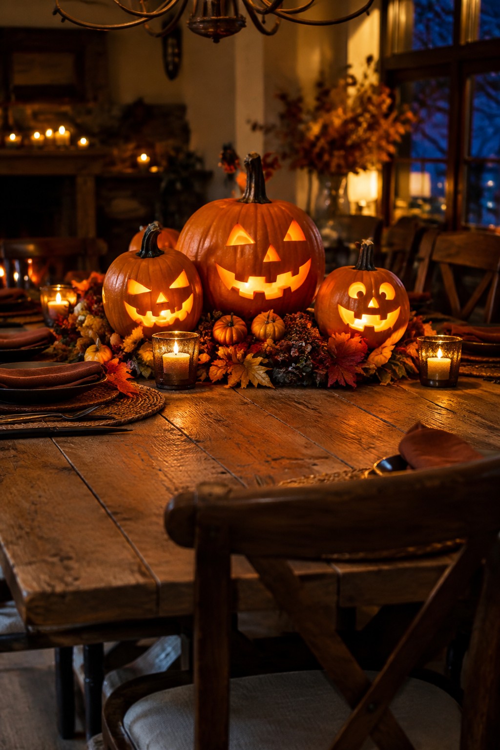 Three carved jack o lanterns with glowing faces arranged as a centerpiece on a wooden dining table surrounded by autumn leaves and candles.