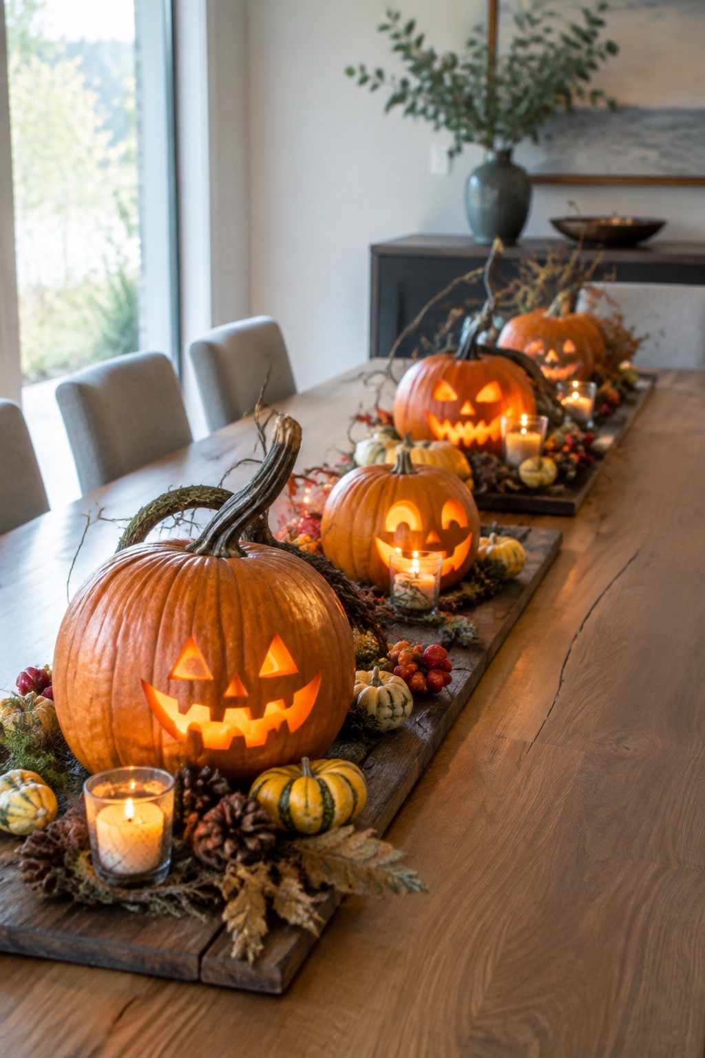 A dining table lined with carved and lit jack o lanterns on wooden boards, surrounded by small candles and autumn accents.