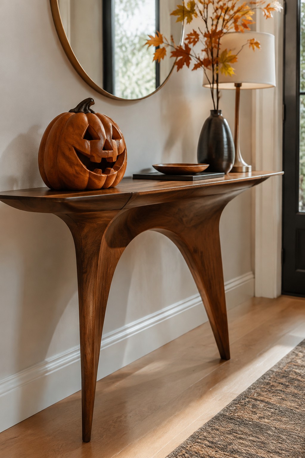 Wooden jack o lantern with a carved face sitting on a dark wood console table in an entryway.