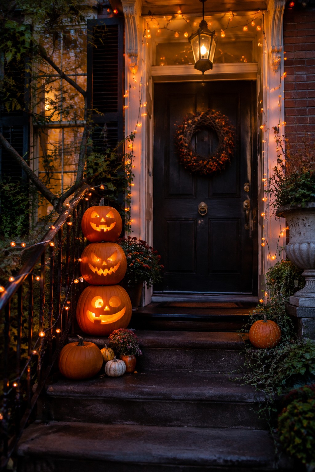 Front steps lined with stacked carved jack-o’-lanterns glowing beside a dark door.