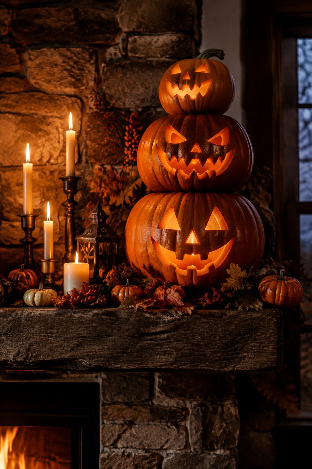 Three glowing jack-o'-lanterns stacked on a candlelit autumn mantel above a fireplace.