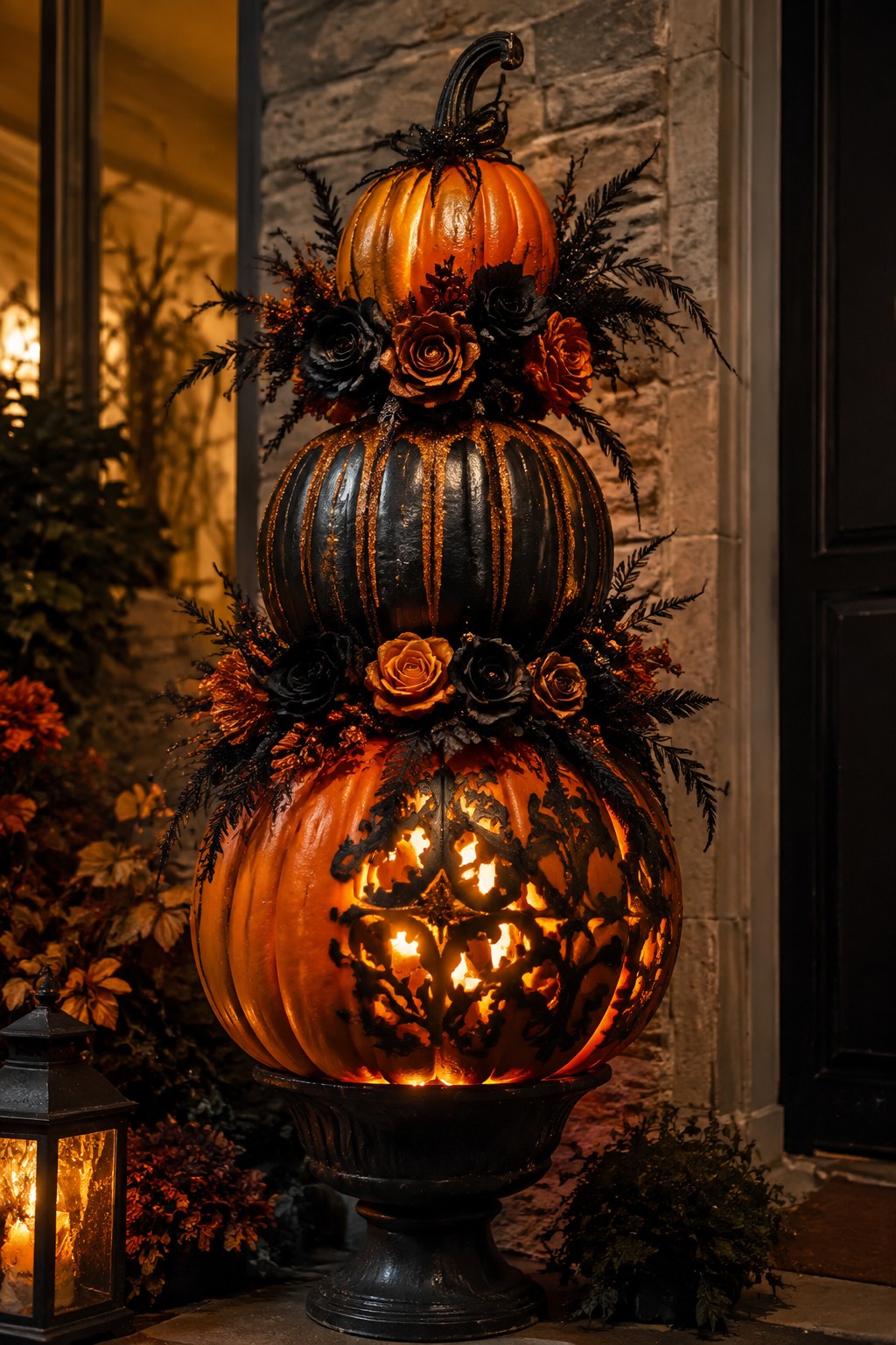 Tall stacked pumpkin display on a front porch, with a carved glowing bottom pumpkin, a dark painted middle pumpkin, an orange top pumpkin, and dark floral accents.