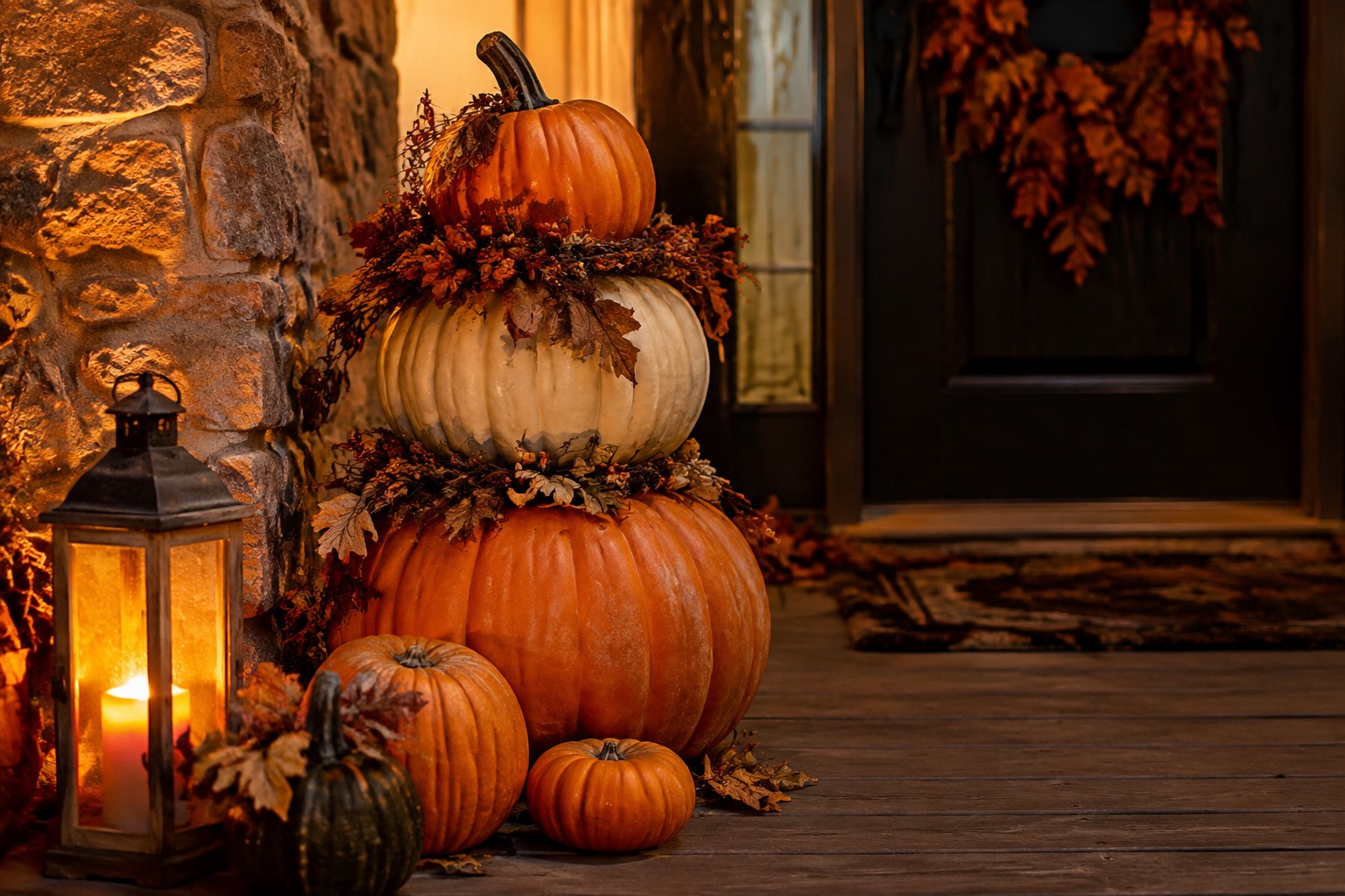 Stacked carved pumpkins of different sizes and colors form a tall tower on a porch beside a stone wall and lit lantern.