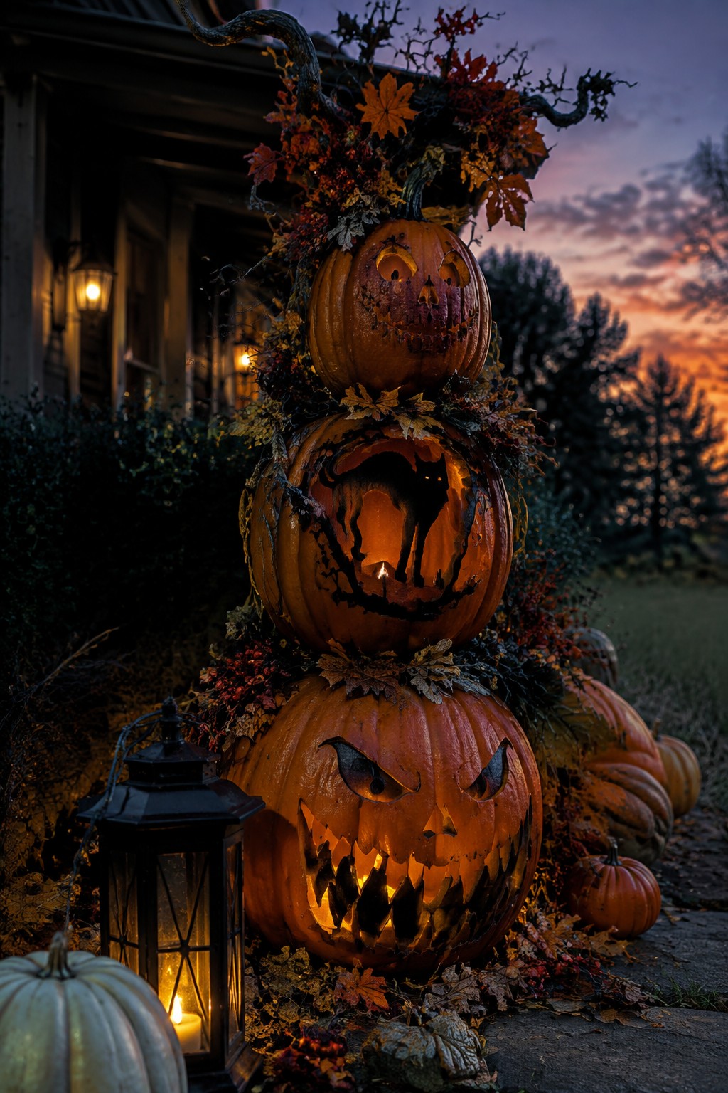 A tall stack of three carved jack-o'-lanterns sits on a front porch at dusk, with a black cat silhouette visible in the middle pumpkin and lanterns placed nearby.