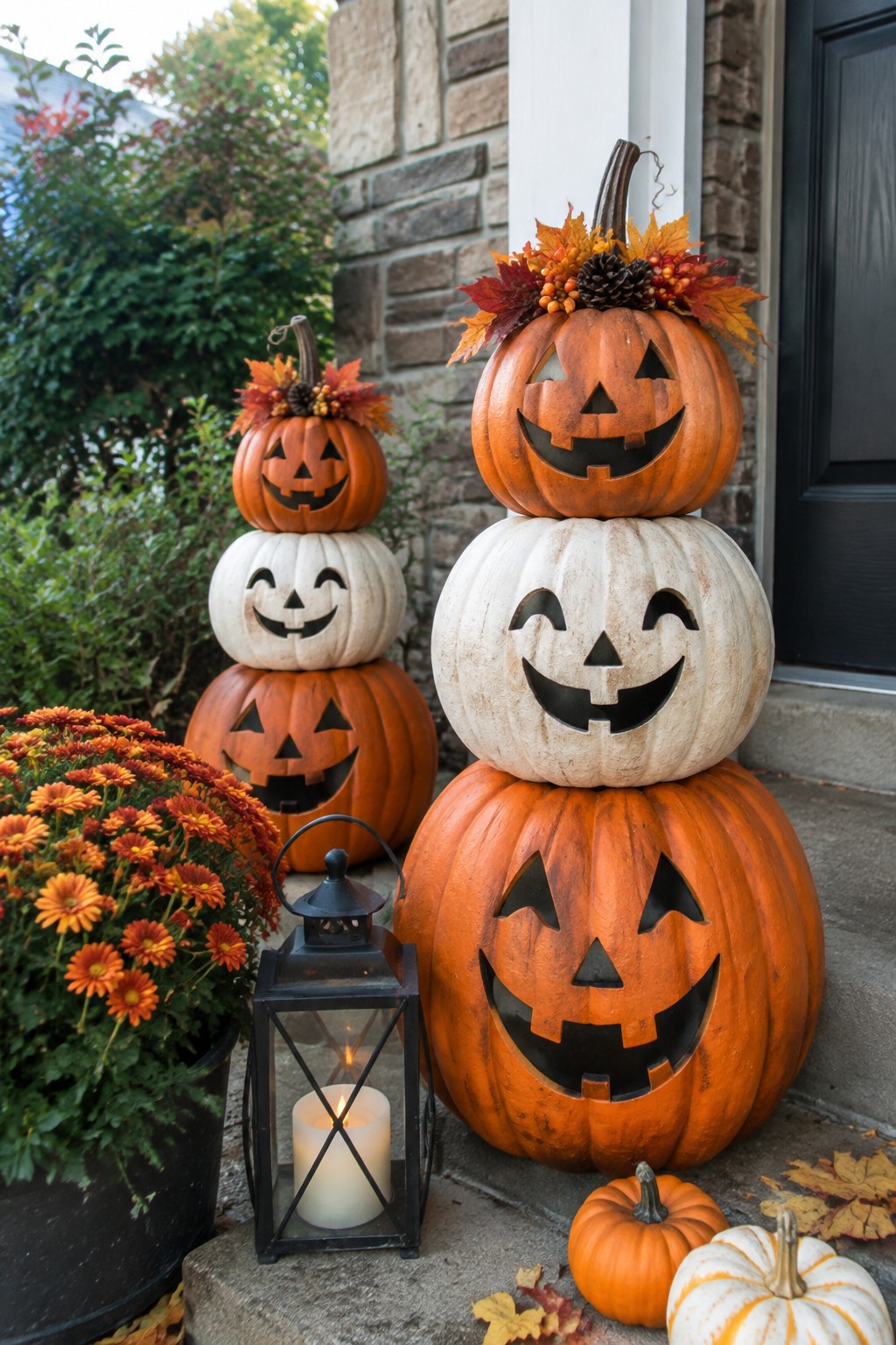 Stacked jack-o'-lanterns made from orange and white pumpkins arranged on concrete steps next to a black lantern and potted orange flowers.