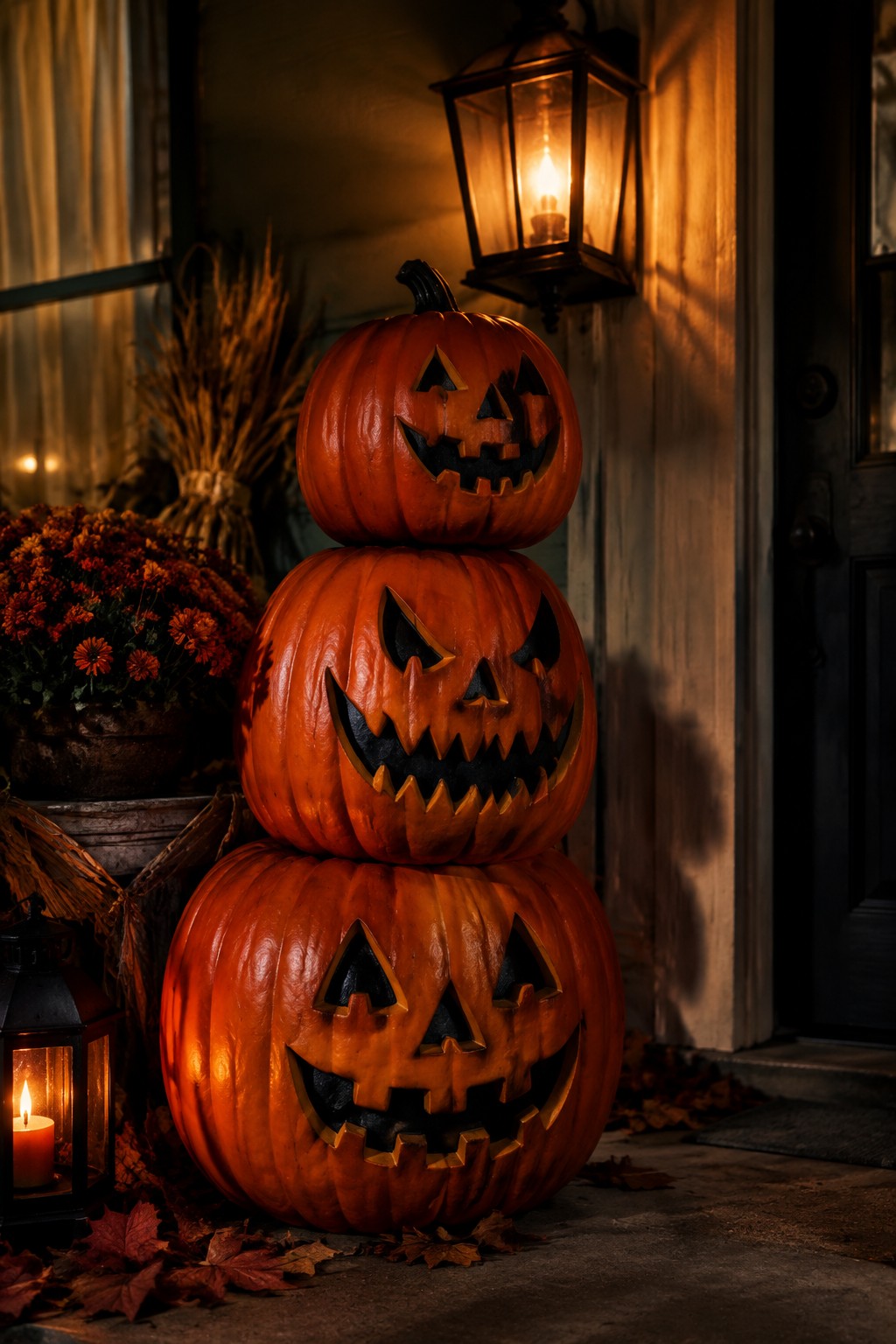 Three stacked glowing jack-o'-lanterns on an autumn porch at night