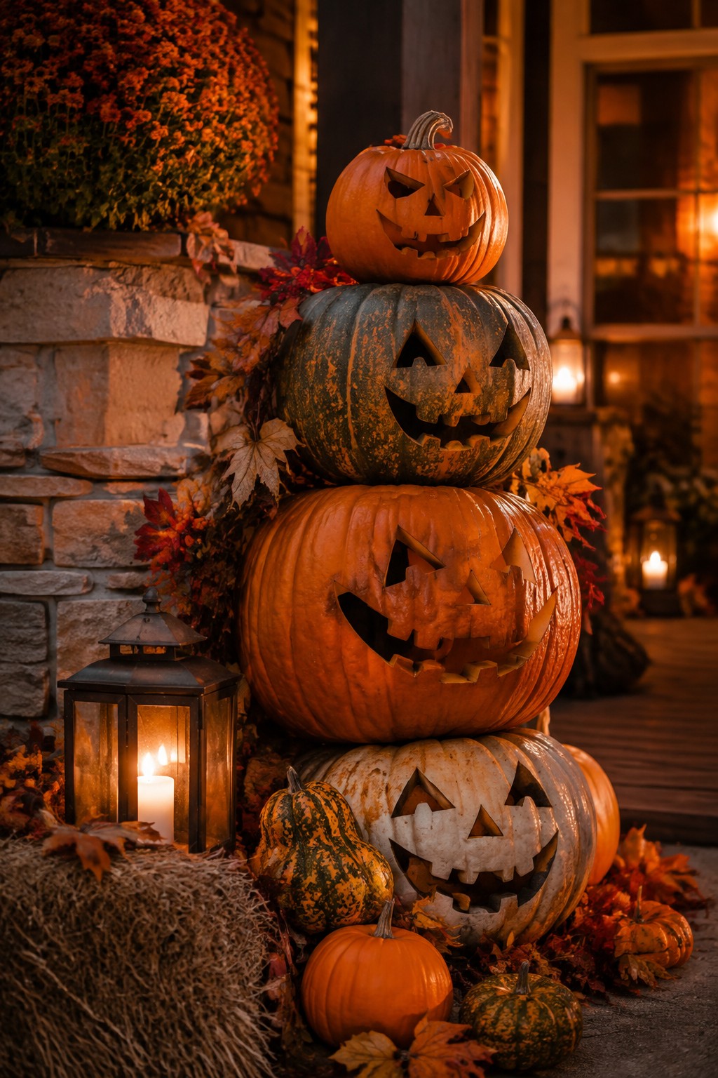 Stacked carved pumpkins of different sizes and colors form a tall tower on a porch beside a stone wall and lit lantern.