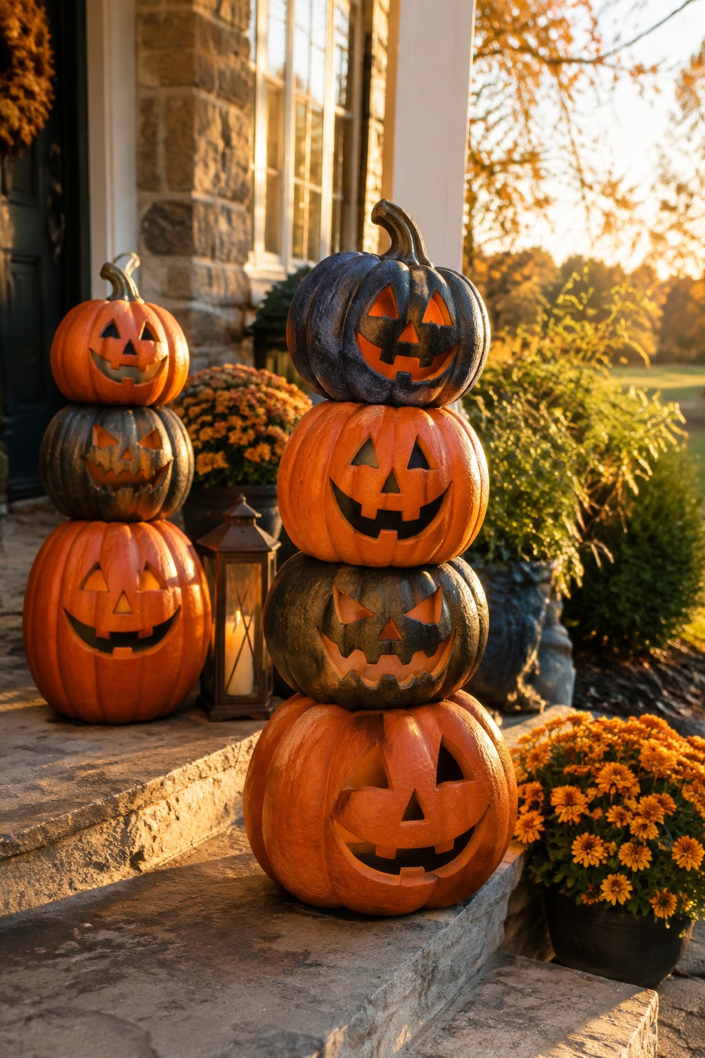 Stacked carved jack o'lanterns of different sizes placed on stone porch steps beside a lit lantern and pots of orange mums.