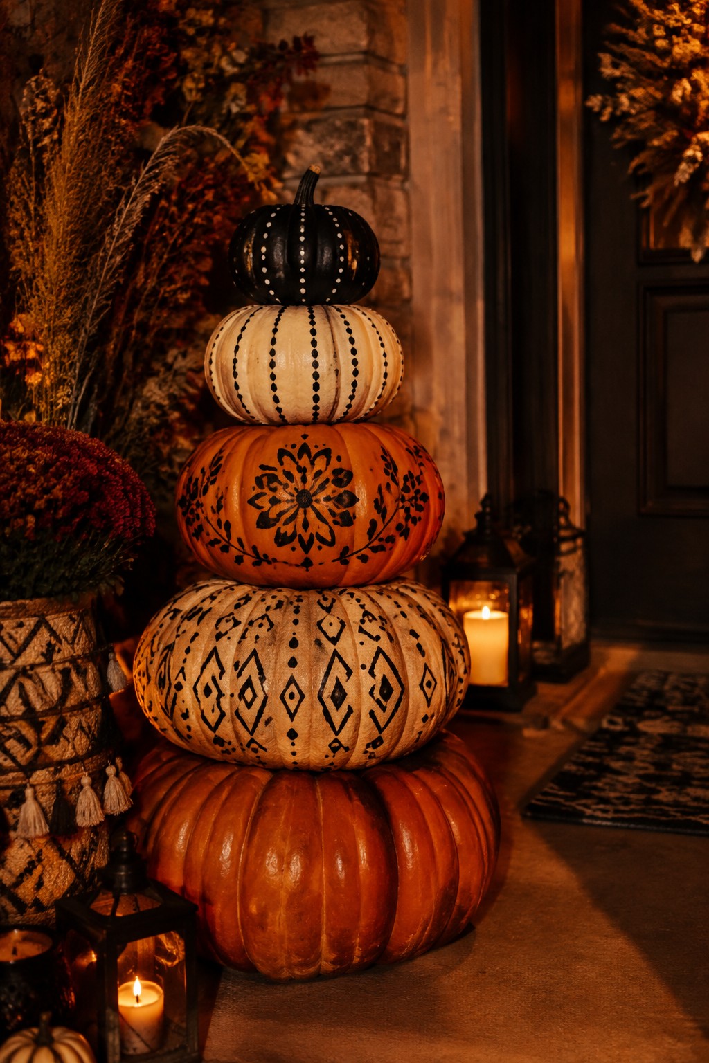 A tall stack of four pumpkins with black painted designs stands beside a dark front door, flanked by lanterns and dried foliage.