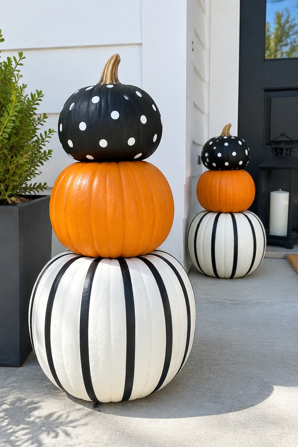 Stacked pumpkins painted with black and white stripes and polka dots sit on a concrete front porch near a dark door.