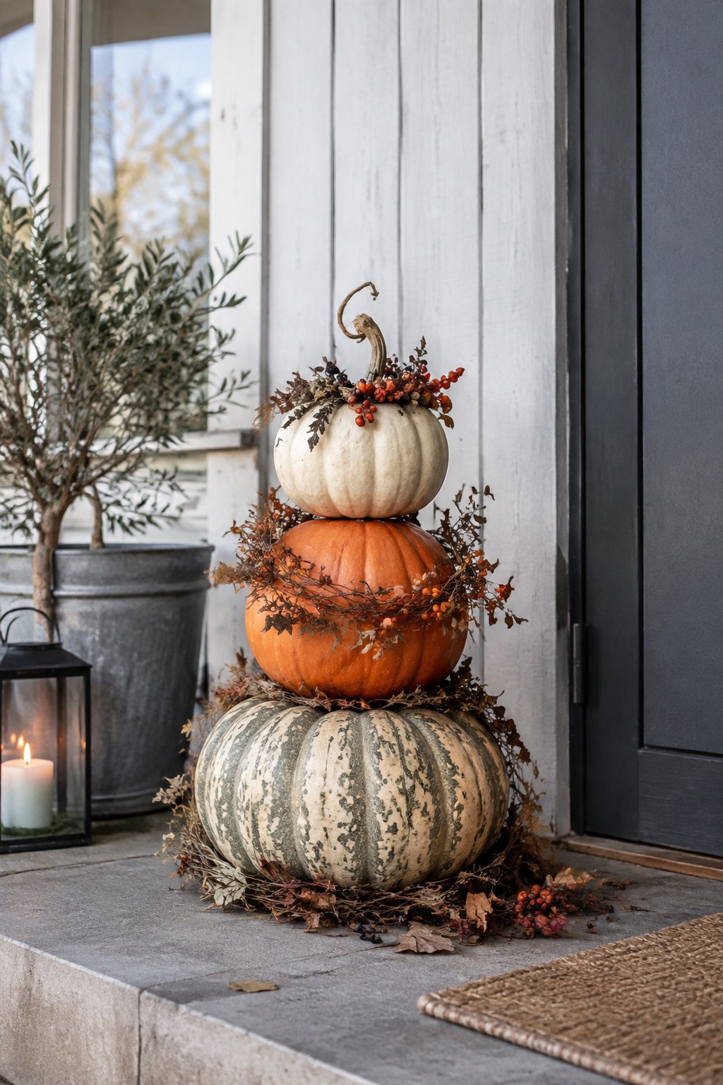 Stacked white, orange, and green pumpkins with fall berries and leaves on porch