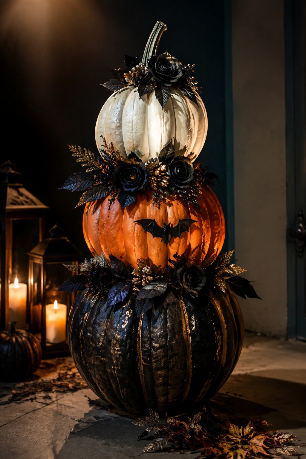 Three stacked pumpkins in black, orange, and white with a bat accent, black roses, and dark leaves on a stone surface beside lit lanterns.