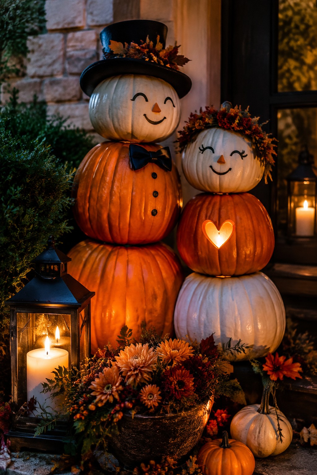 Stacked white and orange pumpkins forming two snowman figures with carved faces, a black top hat, bow tie, and a lit heart cutout on a front porch beside lanterns and flowers.