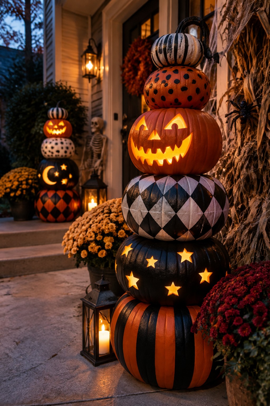 Front porch with multiple tall towers of carved and painted pumpkins stacked beside chrysanthemums and lanterns at dusk.