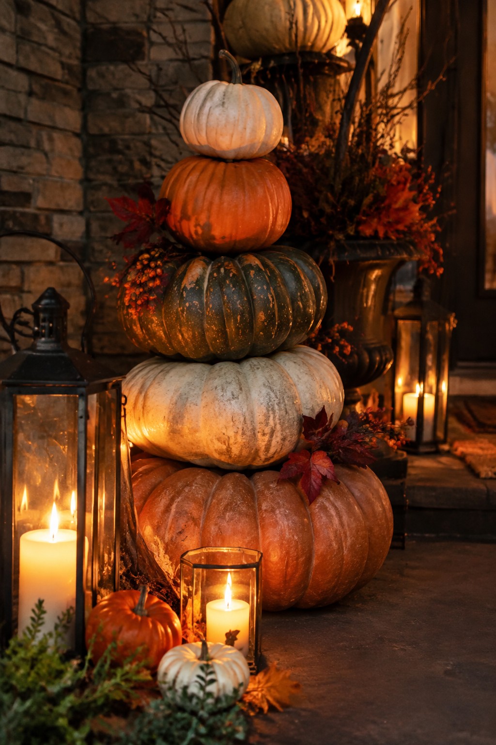 Tall stack of pumpkins in orange, white, and green tones surrounded by lit lanterns on a stone porch.