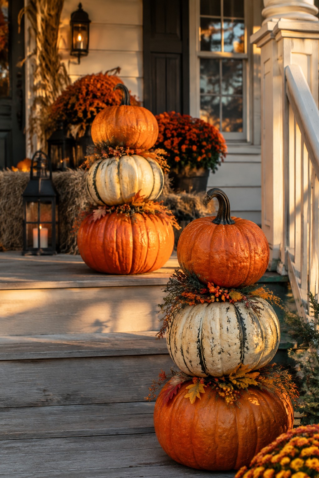 Front porch steps lined with several stacks of orange and striped pumpkins decorated with small berry clusters.