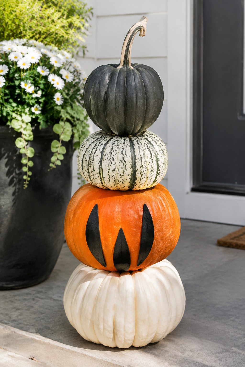 Stacked pumpkins with carved orange face beside white flowers on porch steps