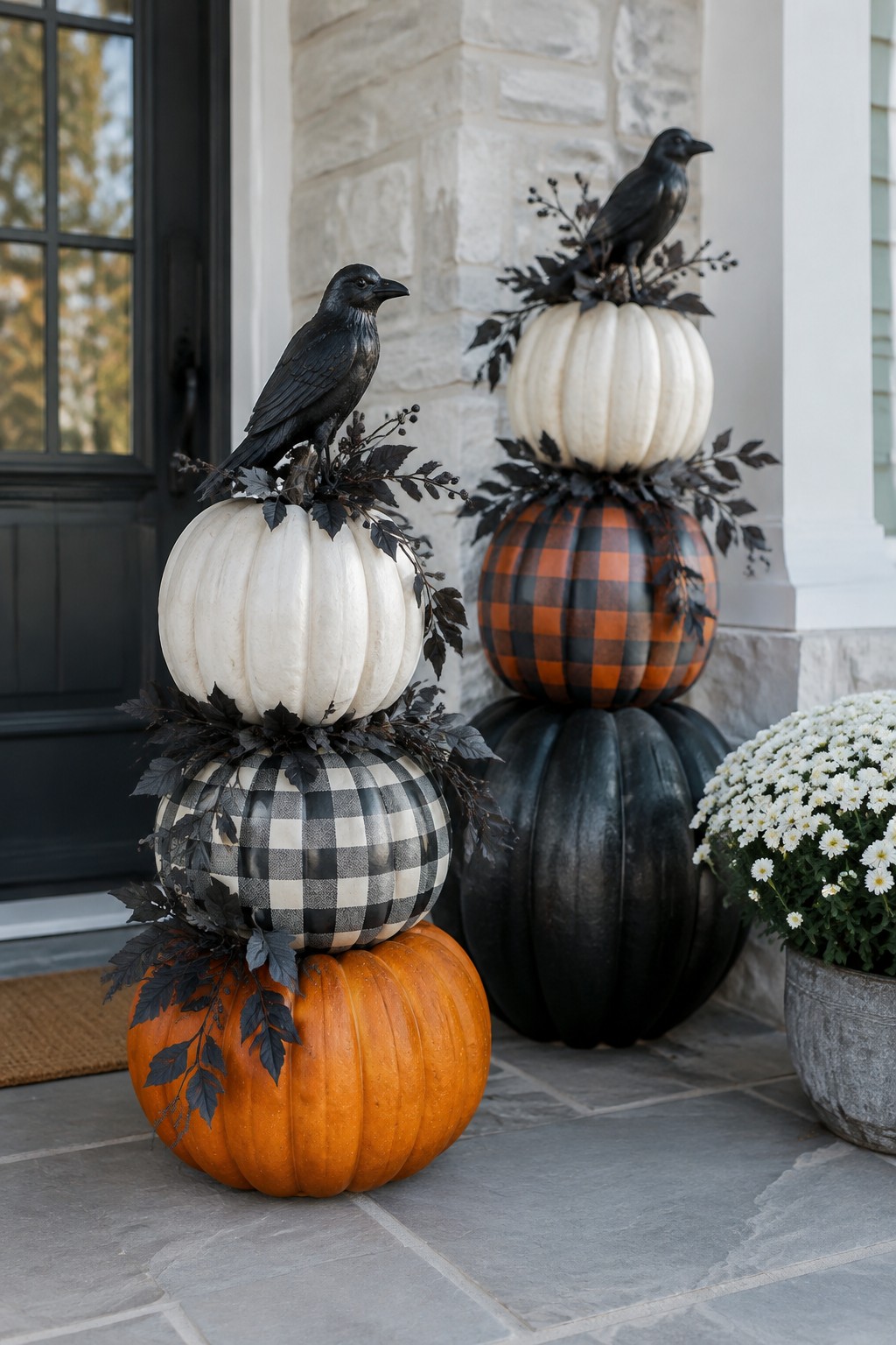 Stacked pumpkins in orange, checkered, and white with black crows on porch