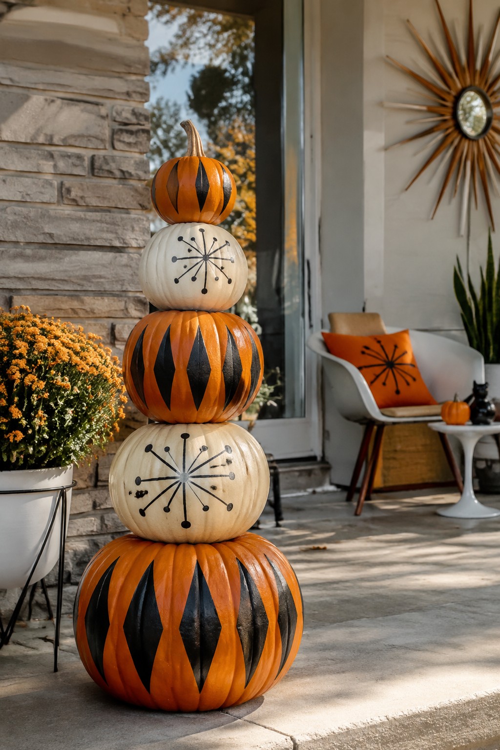 Stacked orange and white pumpkins with black starburst and diamond patterns on porch.