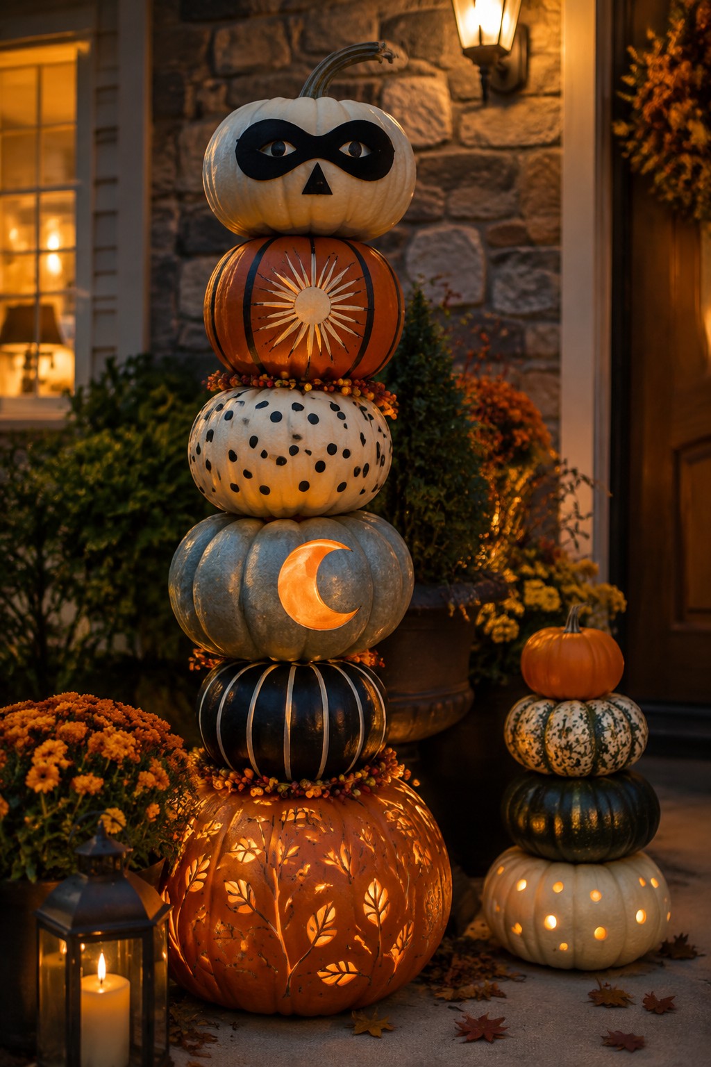 Tall stack of carved pumpkins with moon, sun, mask, and leaf designs beside a stone house entrance.