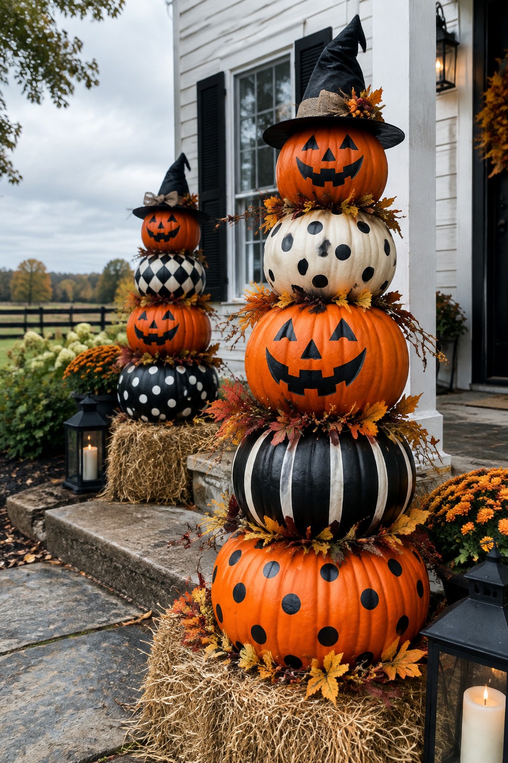Stacked pumpkins with witch hats, polka dots, and stripes on hay bales