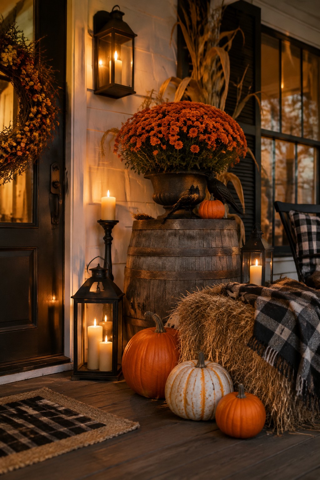 Front porch with a wooden barrel holding orange mums and black crows, surrounded by pumpkins, lanterns, and a hay bale beside a dark door.