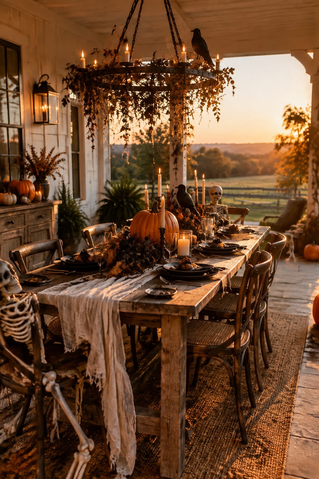 Spooky porch table with skeletons, pumpkins, crows, candles, and autumn foliage at sunset