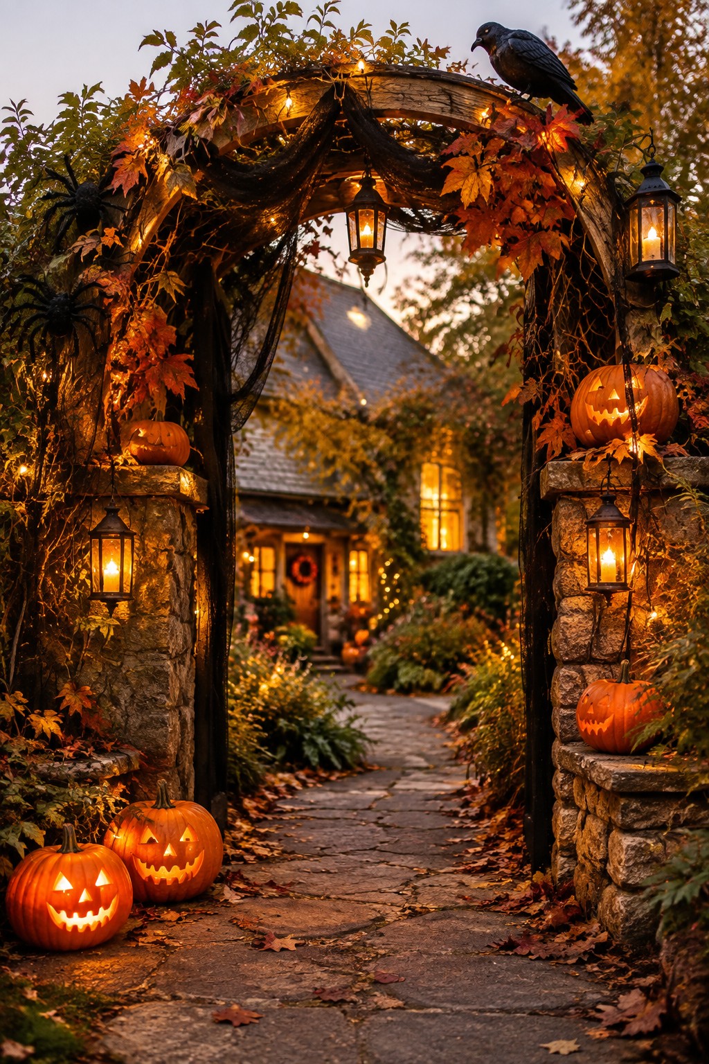 Halloween stone arch with glowing pumpkins, lanterns, autumn leaves, and a black crow.