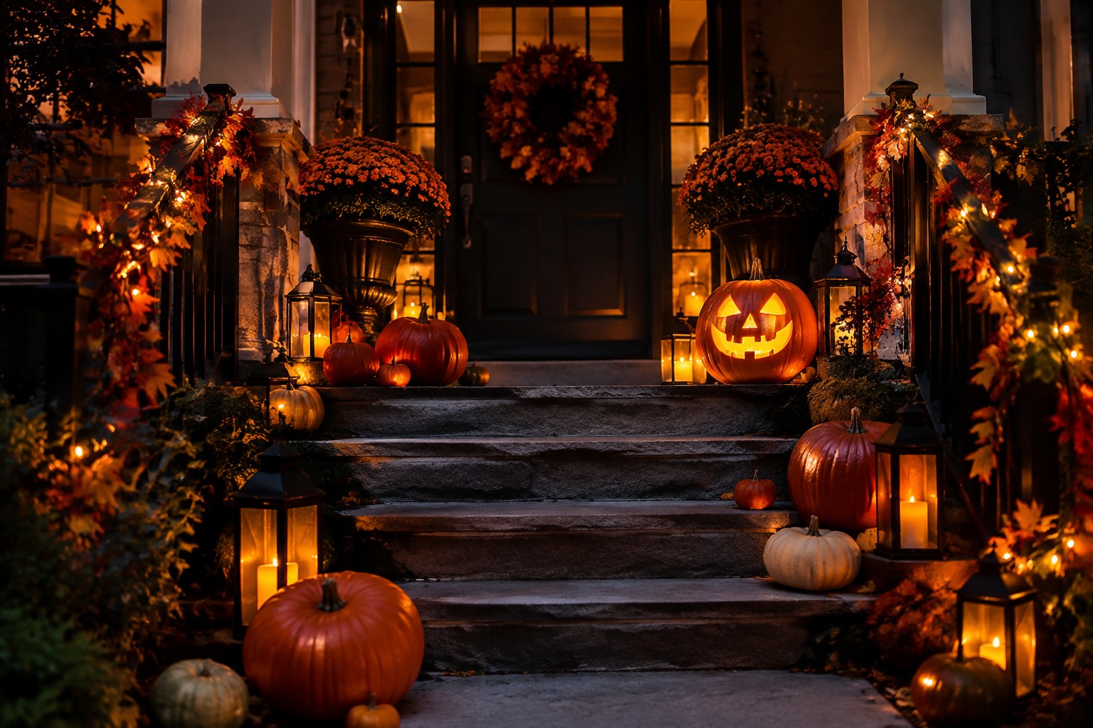 Glowing jack-o'-lanterns, lanterns, and skeleton decorate house steps with autumn wreath.