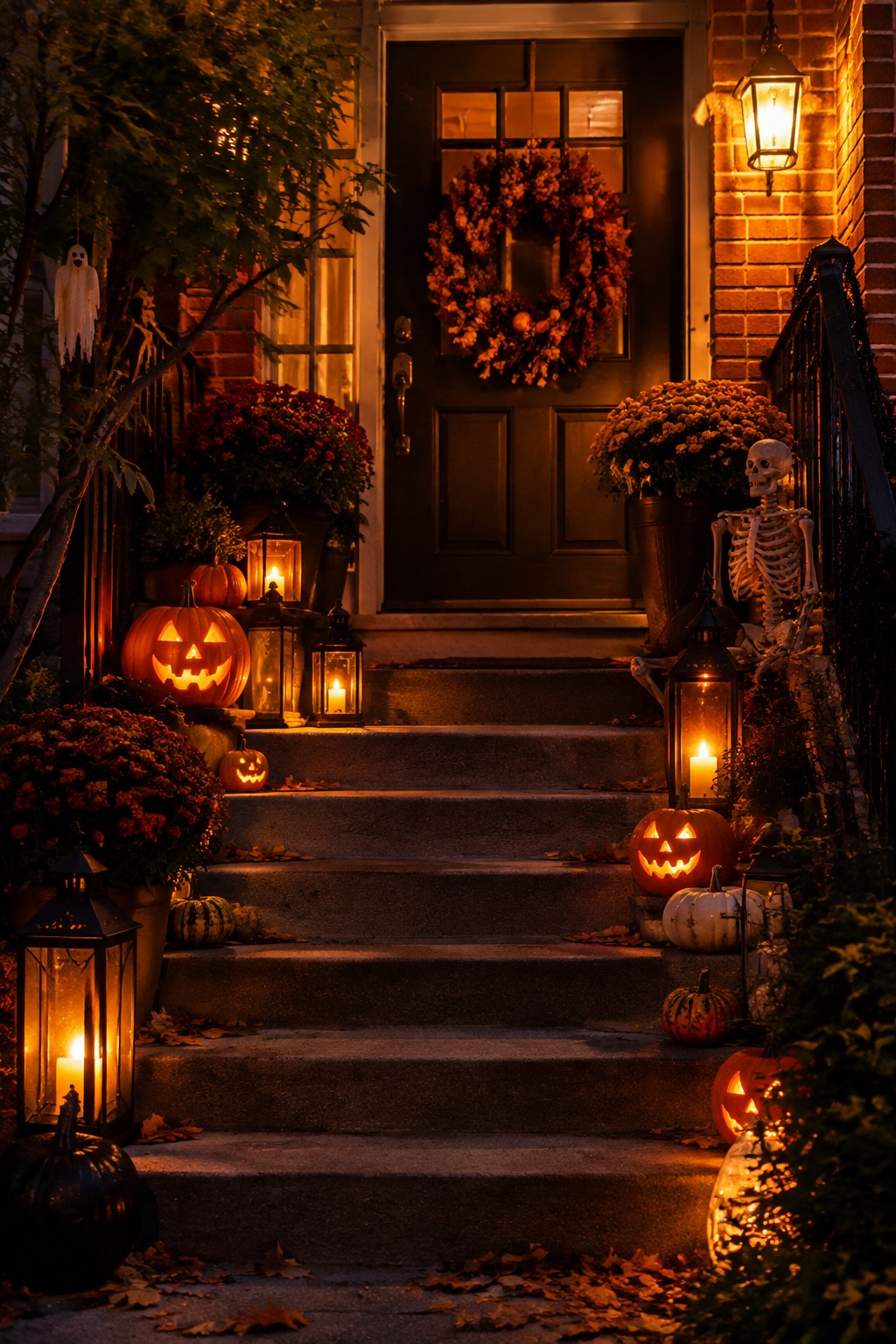 Glowing jack-o'-lanterns, lanterns, and skeleton decorate house steps with autumn wreath.
