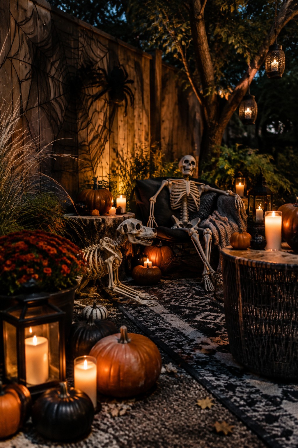 Outdoor patio decorated with a large skeleton lounging in a chair, a smaller animal skeleton on the ground, spiderwebs on the fence, and multiple lit lanterns and candles among pumpkins.