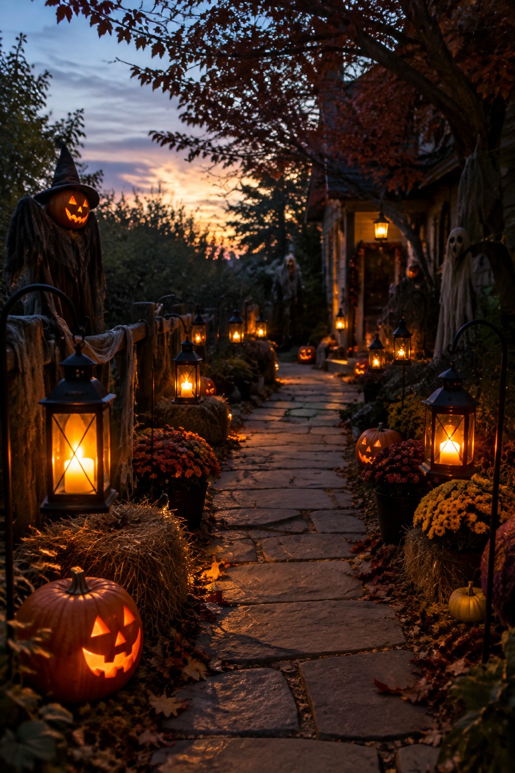 Stone walkway lined with glowing black lanterns and carved pumpkins leading to a house with ghost and scarecrow figures at dusk.