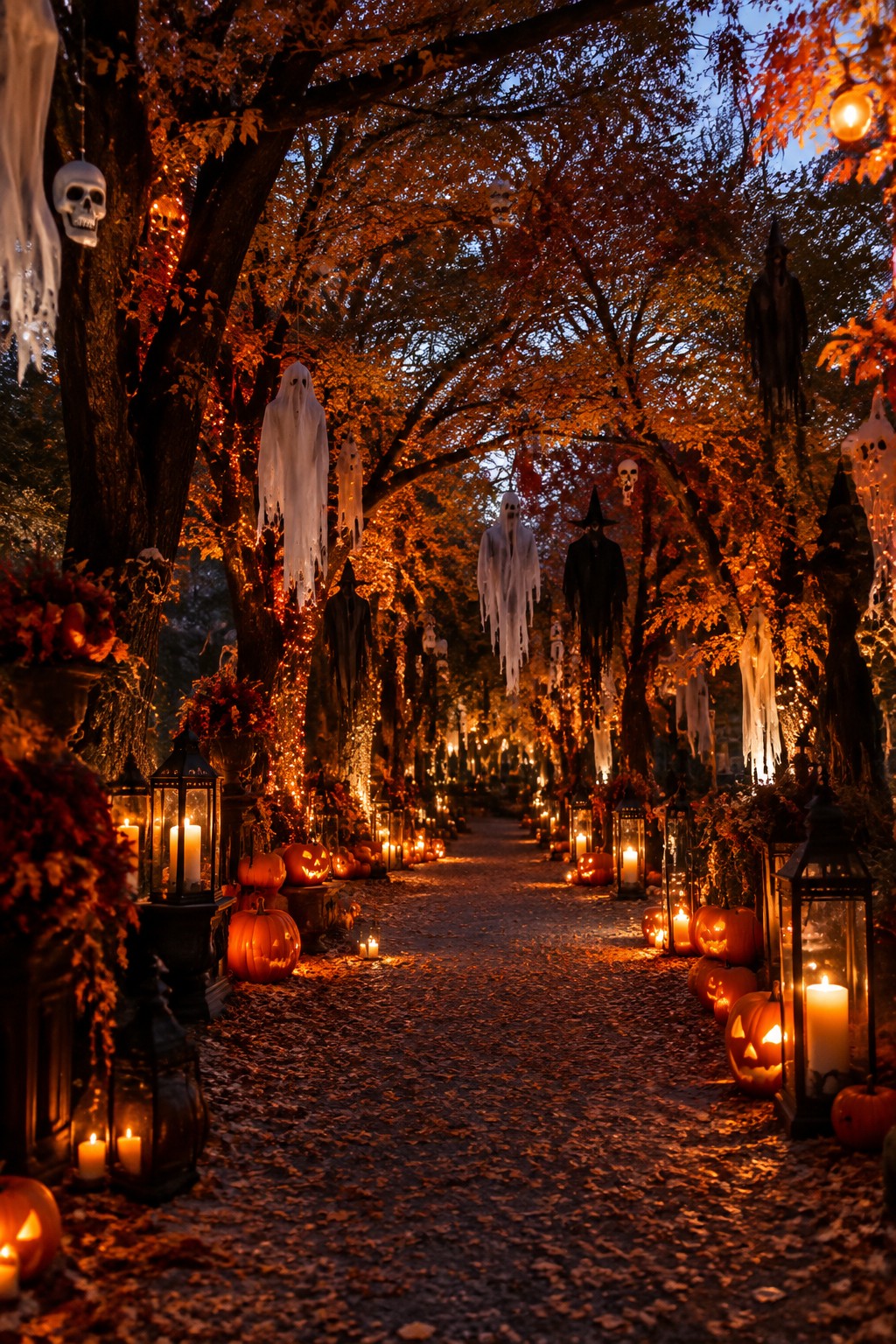 Spooky Halloween path lined with ghosts, pumpkins, witches, lanterns, and autumn trees.