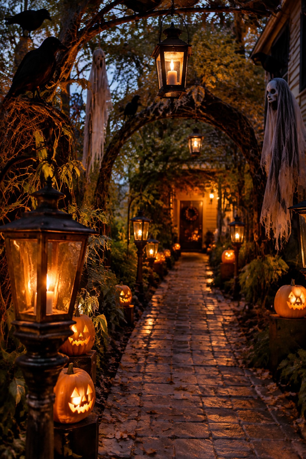 Outdoor walkway lined with glowing lanterns on posts, jack o lanterns on the ground, and hanging ghosts under vine covered arches.