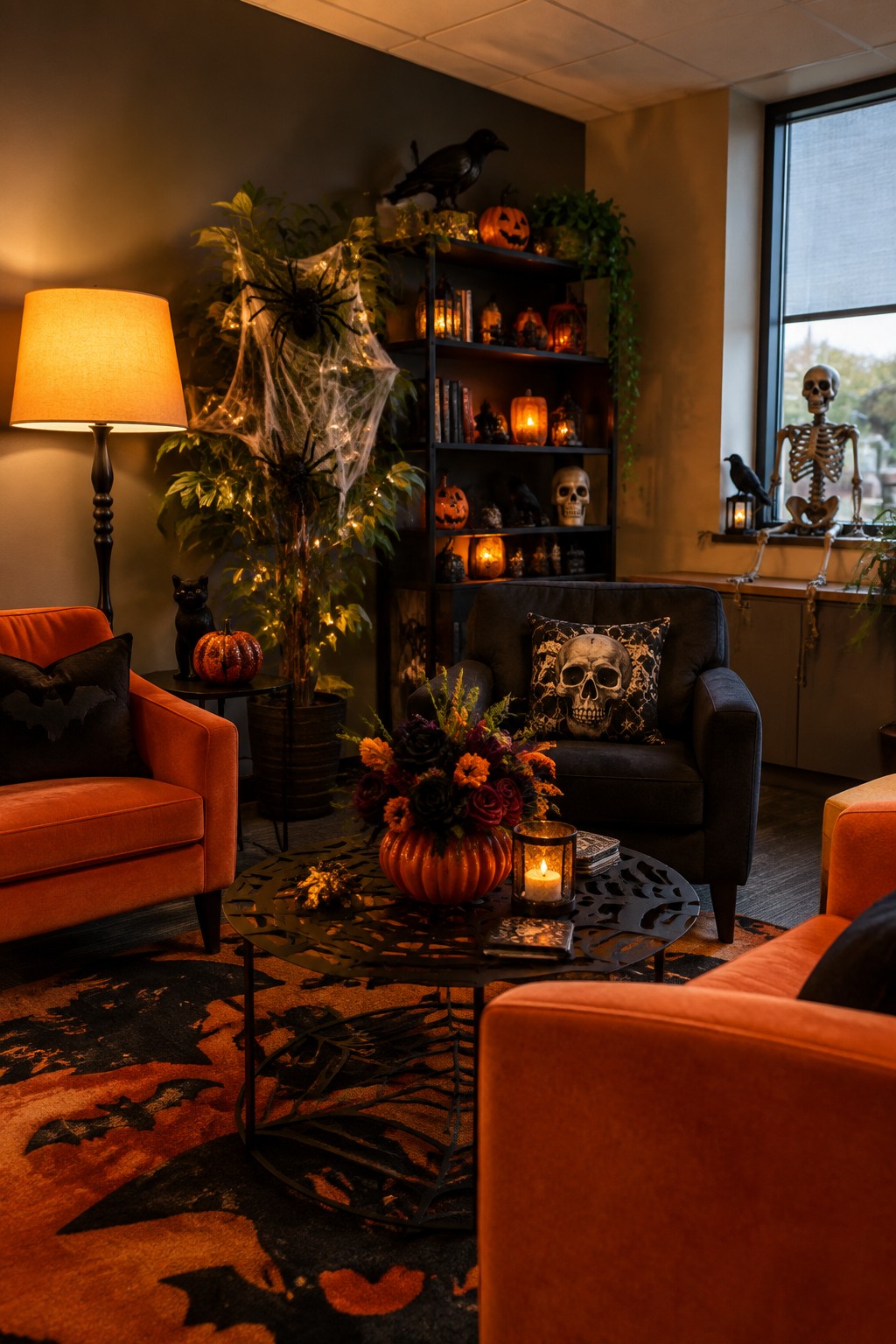 Office lounge with orange armchairs, a dark coffee table, and a full skeleton posed on the windowsill alongside spiderwebs on plants and a skull pillow.