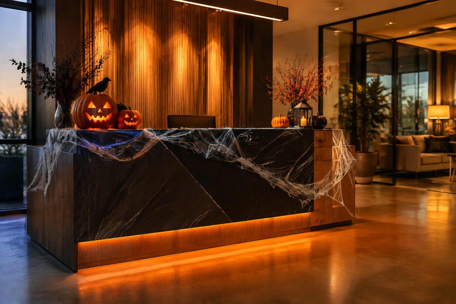 Modern office reception desk with a large white spiderweb and black spider mounted on the wall behind it, along with carved jack-o'-lanterns and lanterns on the counter.