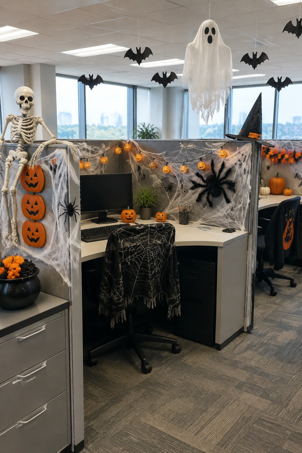 Office cubicle decorated with a large hanging white ghost, black bats, spiderwebs, a skeleton, and jack-o'-lantern string lights on the partition walls.