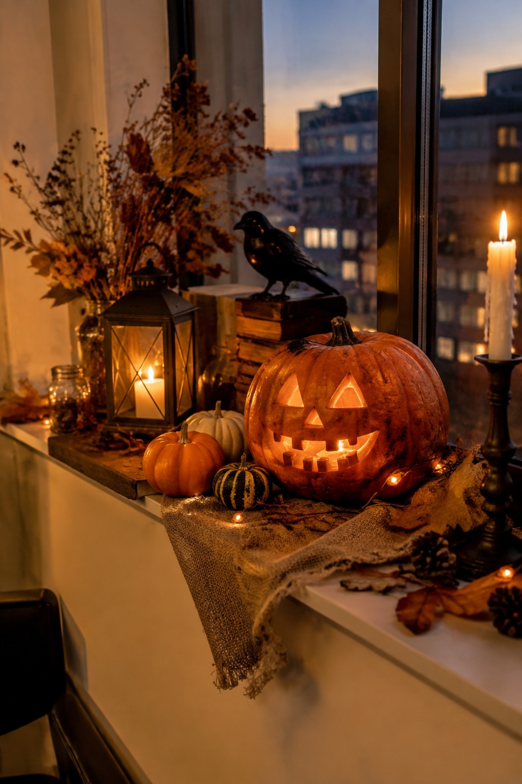 A windowsill decorated with a large carved jack-o'-lantern, smaller pumpkins, a black crow figurine, and lanterns.