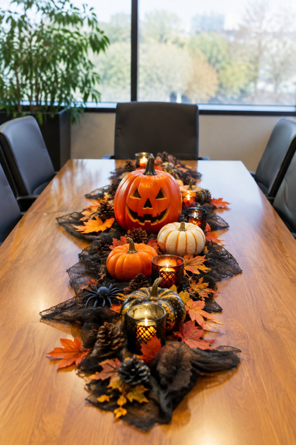 Conference table decorated with a black mesh runner, carved jack-o'-lantern, smaller pumpkins, spiders, leaves, and lit candles.