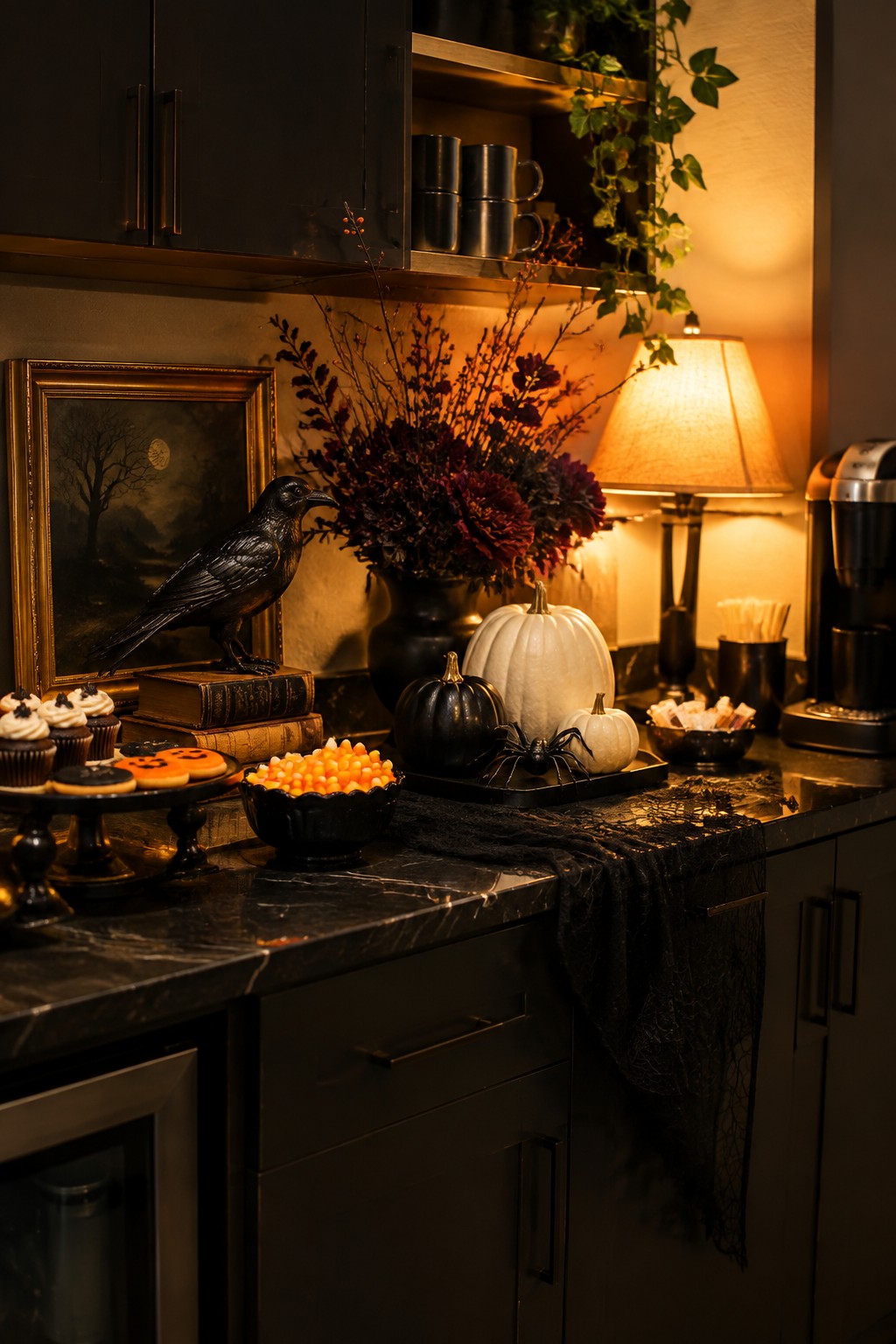 Dark marble kitchen counter with crow statue, pumpkins, spider, candy corn, and cupcakes.