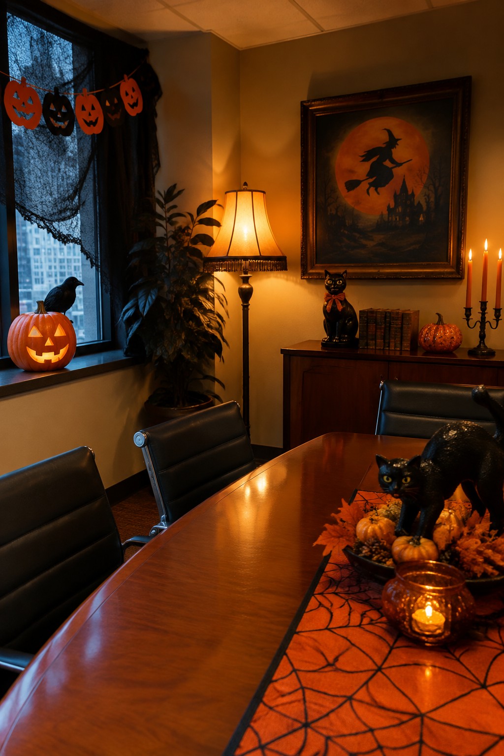 Warmly lit conference room with Halloween pumpkins, black cats, witch painting and spiderwebs.