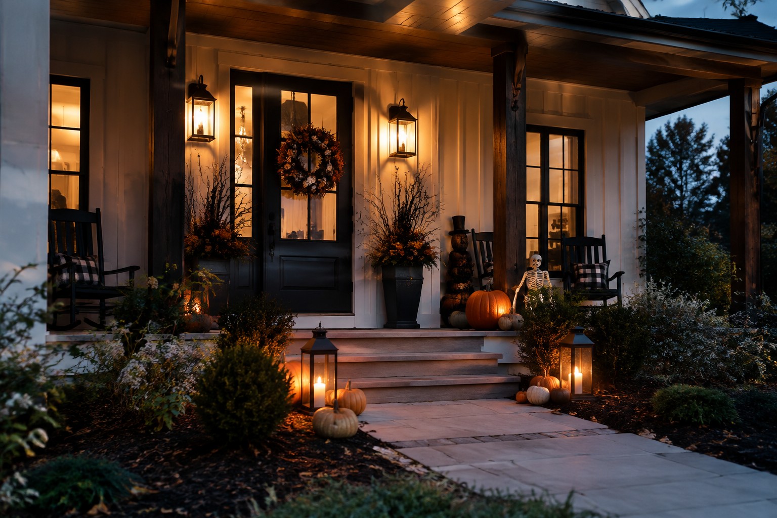 Front porch with black door flanked by two large black planters holding skeleton figures, surrounded by pumpkins and lanterns on the steps.