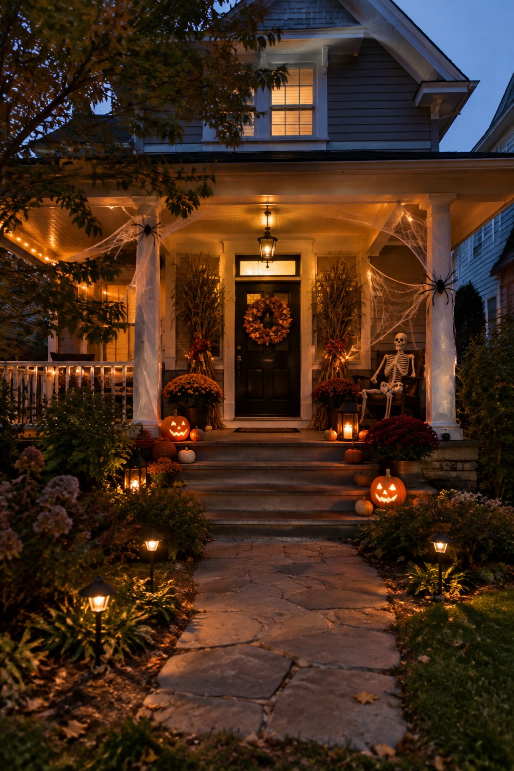 Front porch with a skeleton seated in a chair, spiderwebs stretched across white columns, and several carved pumpkins placed on the steps.